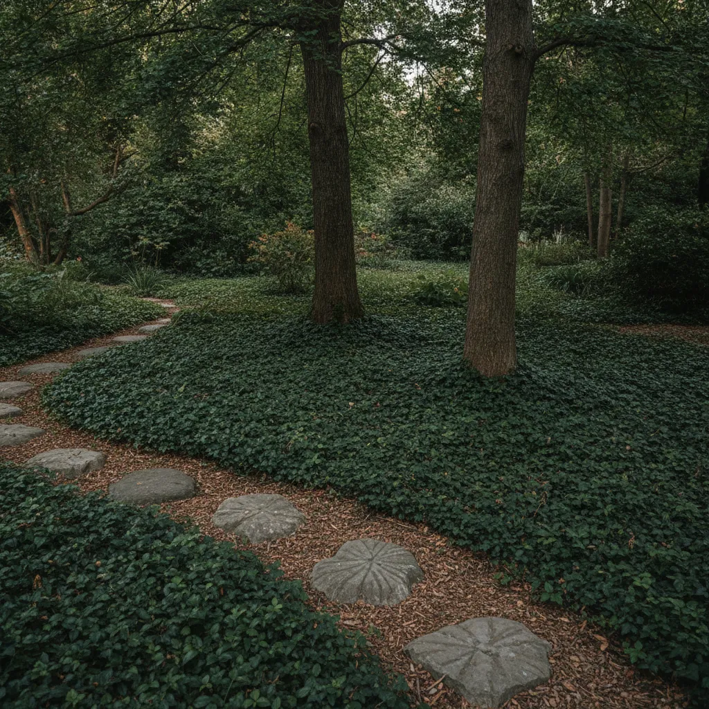 Tapis de couvre-sols et paillage d'écorce au pied d'arbres, à la place d'une pelouse, dans un jardin ombragé