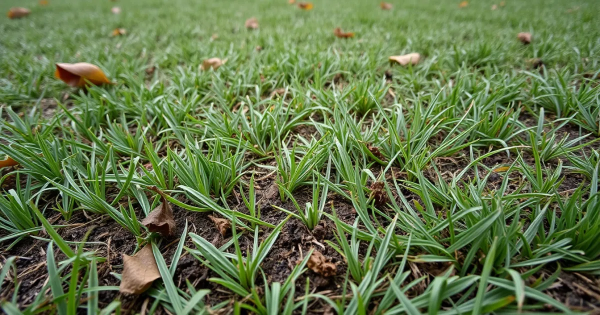 Pelouse éclaircie après une scarification, terre visible entre les touffes et débris de feutre en surface