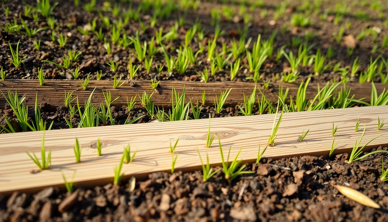 Jeune gazon clairsemé fraîchement levé sur une terre fine, avec une planche de bois posée en bordure