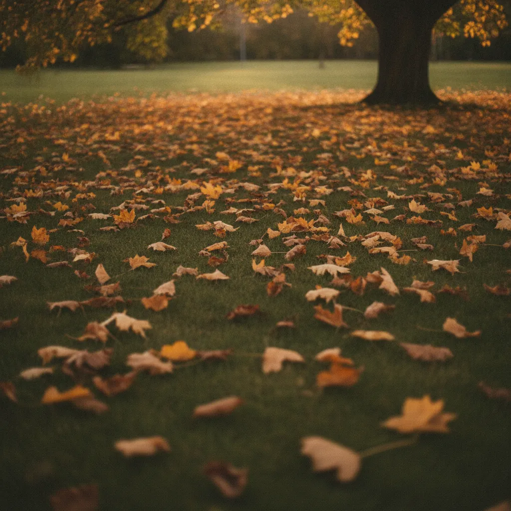 Pelouse d'automne partiellement recouverte de feuilles mortes sous un arbre