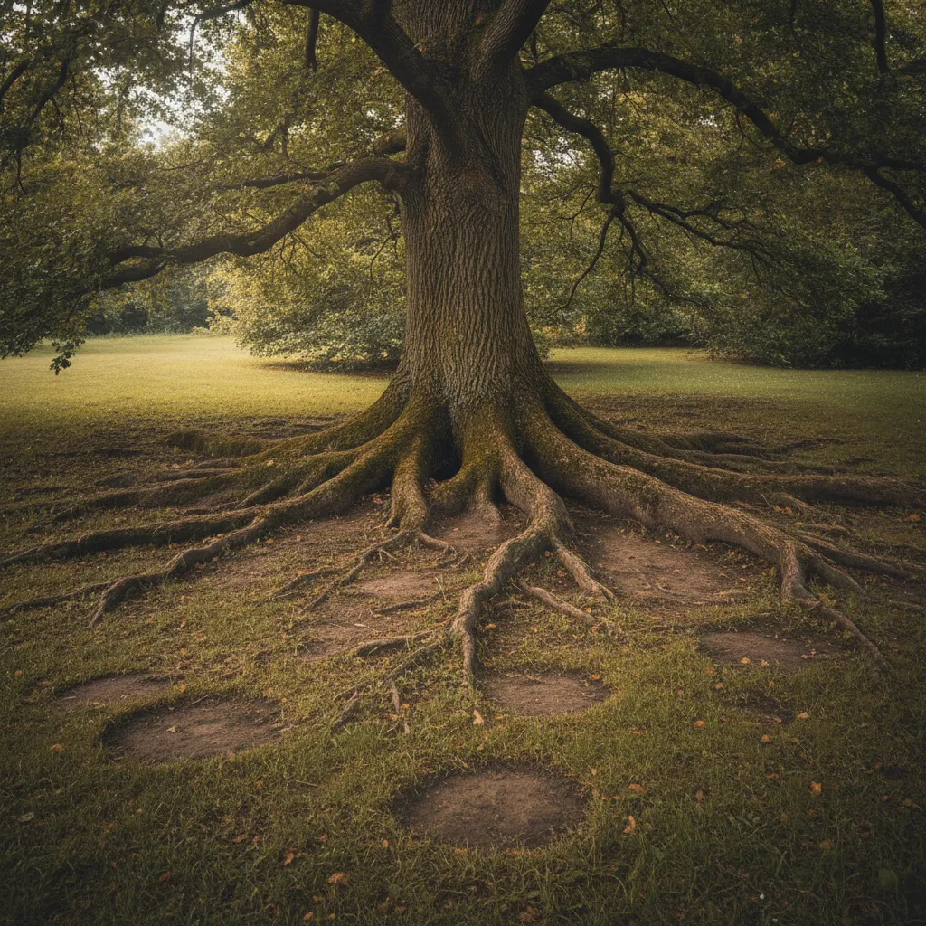 Pied d'un grand arbre dans un jardin, pelouse clairsemée et sol nu entre les racines affleurantes.