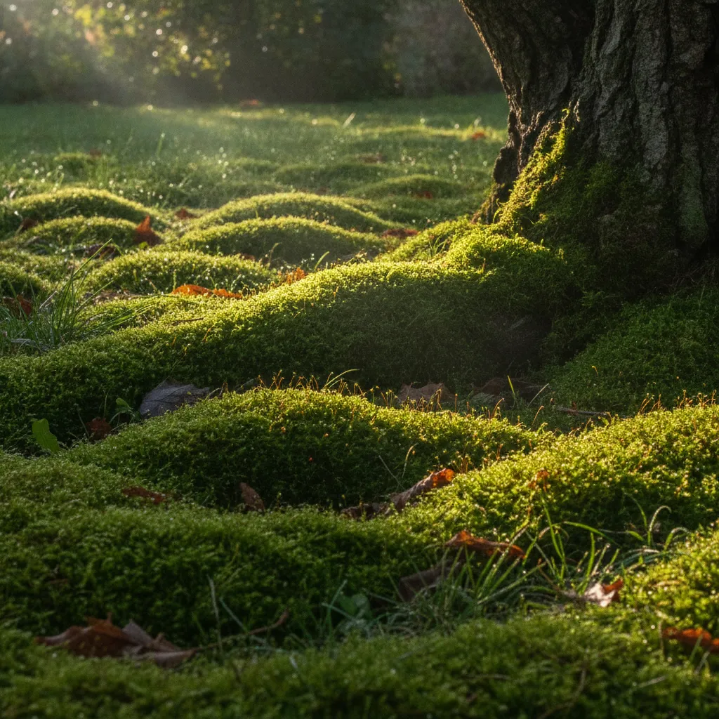 Pelouse envahie de mousse verte au pied d'un arbre, lumière matinale
