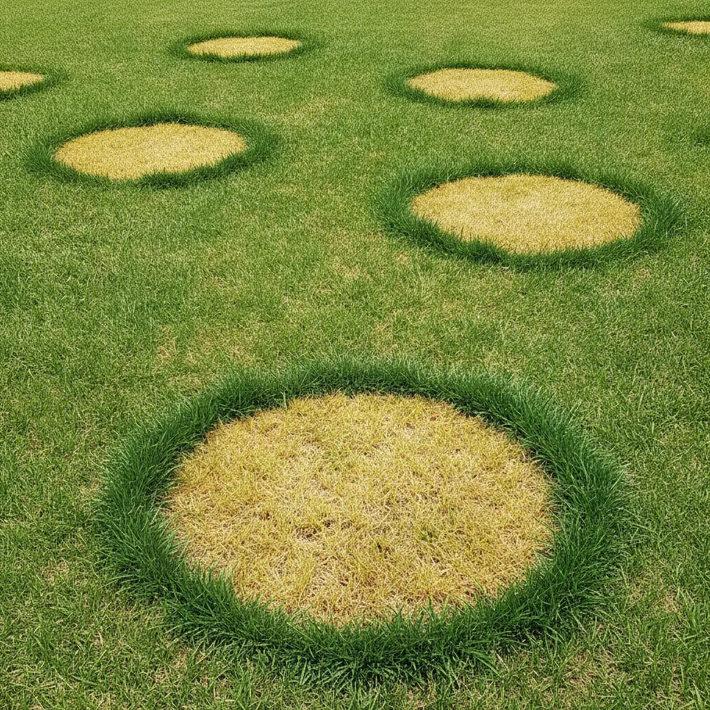 Pelouse verte présentant plusieurs taches circulaires jaunies entourées d'un liseré vert plus foncé.