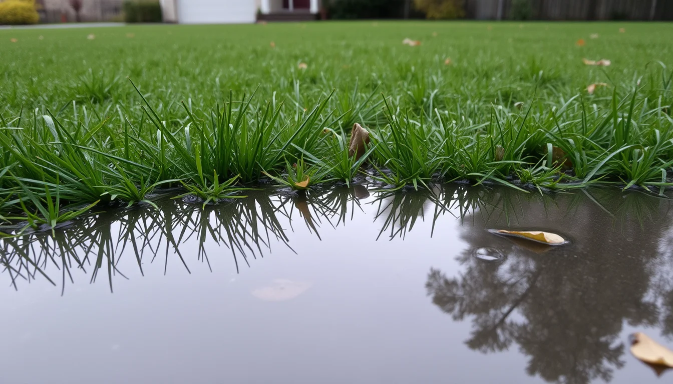Pelouse de jardin partiellement recouverte d'une nappe d'eau de pluie sous un ciel gris d'automne