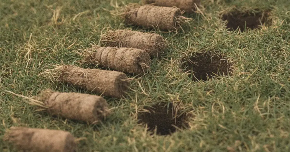 Carottes de terre extraites d'une pelouse posées à côté des trous d'aération