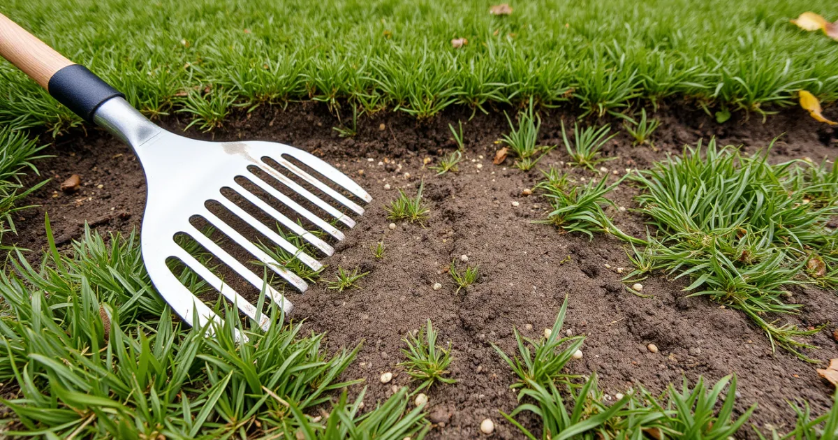 Plaque de terre griffée au milieu d'une pelouse, graines de gazon semées en surface et râteau posé à côté