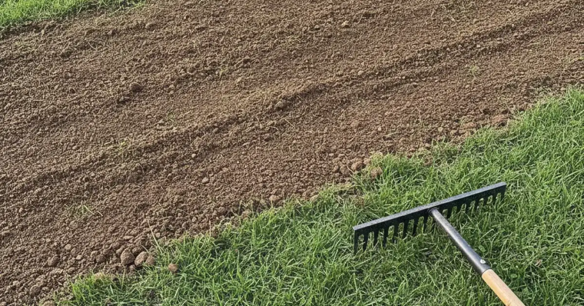 Épandage d'une fine couche de terreau sombre sur une pelouse verte, râteau dorsal posé au sol