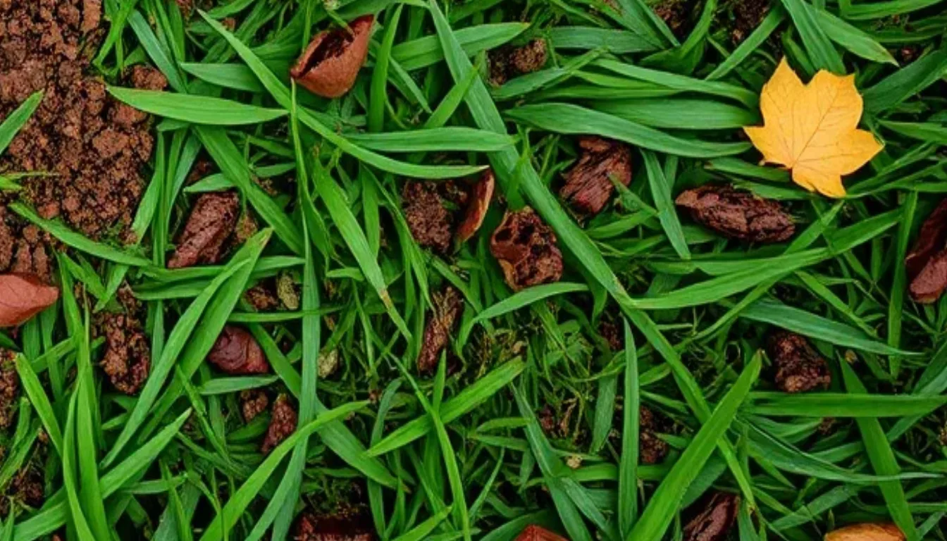 Gazon d'automne vu de près, parsemé de petits amas de terre brune et de feuilles mortes
